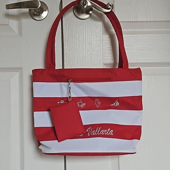 Puerto Vallarta Women's Souvenir Beach Tote With Coin Purse Small Red/ White - Picture 16 of 16